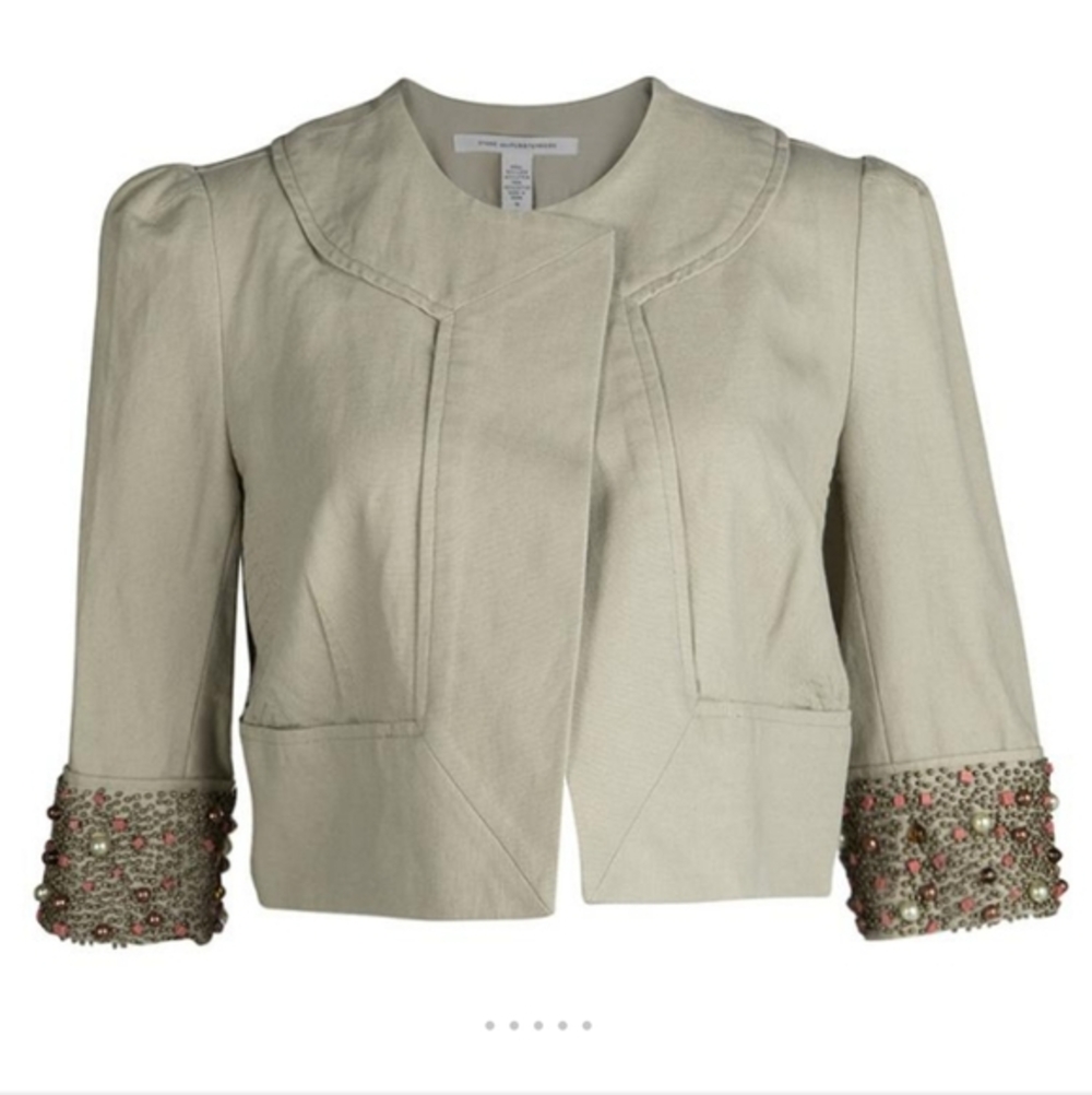Diane von Furstenberg Remo Beaded‎ Cropped Bolero Jacket Sz 6 Linen Cotton Blend
